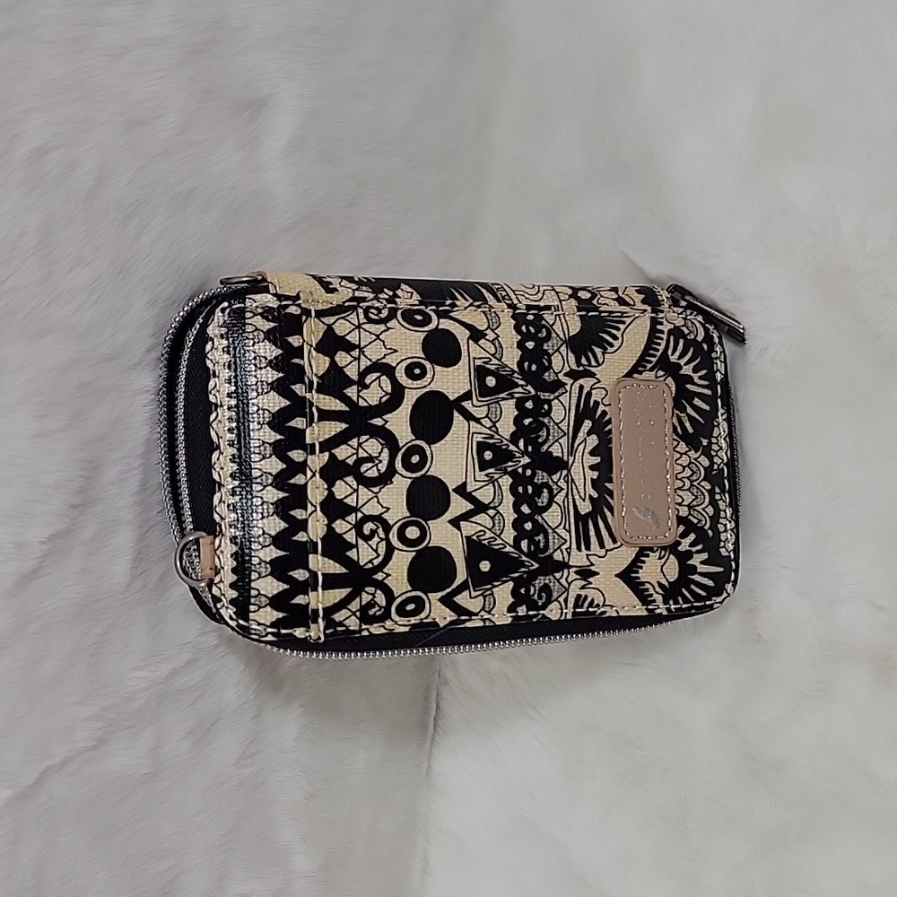 SAKROOTS Coated Canvas Smart Phone Wristlet Wallet Crossbody Black and Cream